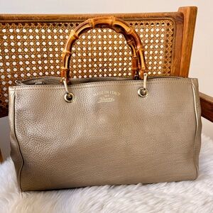 Gucci Bamboo Handle Leather Tote Made Italy Tan Shoulder Bag Vintage Y2K